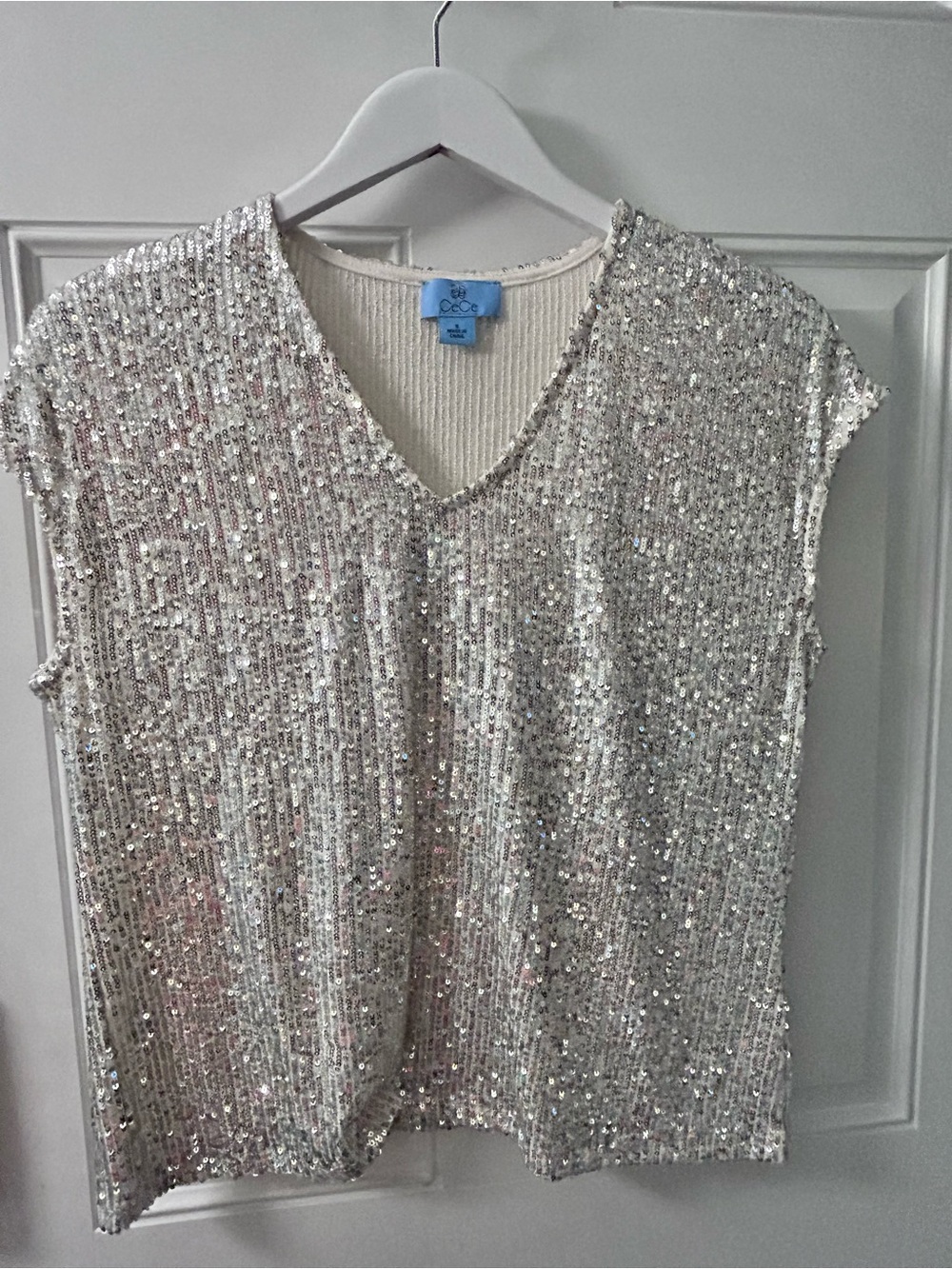 CeCe Silver Sequin V-Neck Sleeveless Top